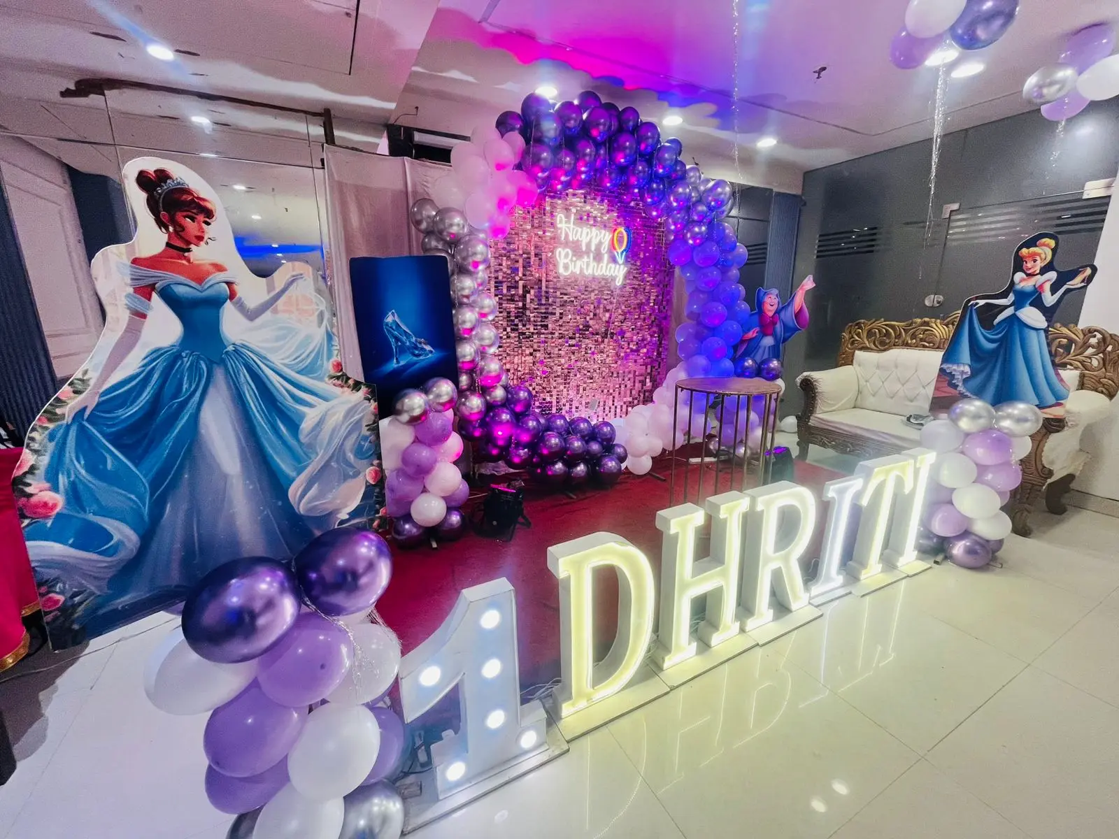 Event lighting and décor at The JK Hotel banquet hall, C R Park